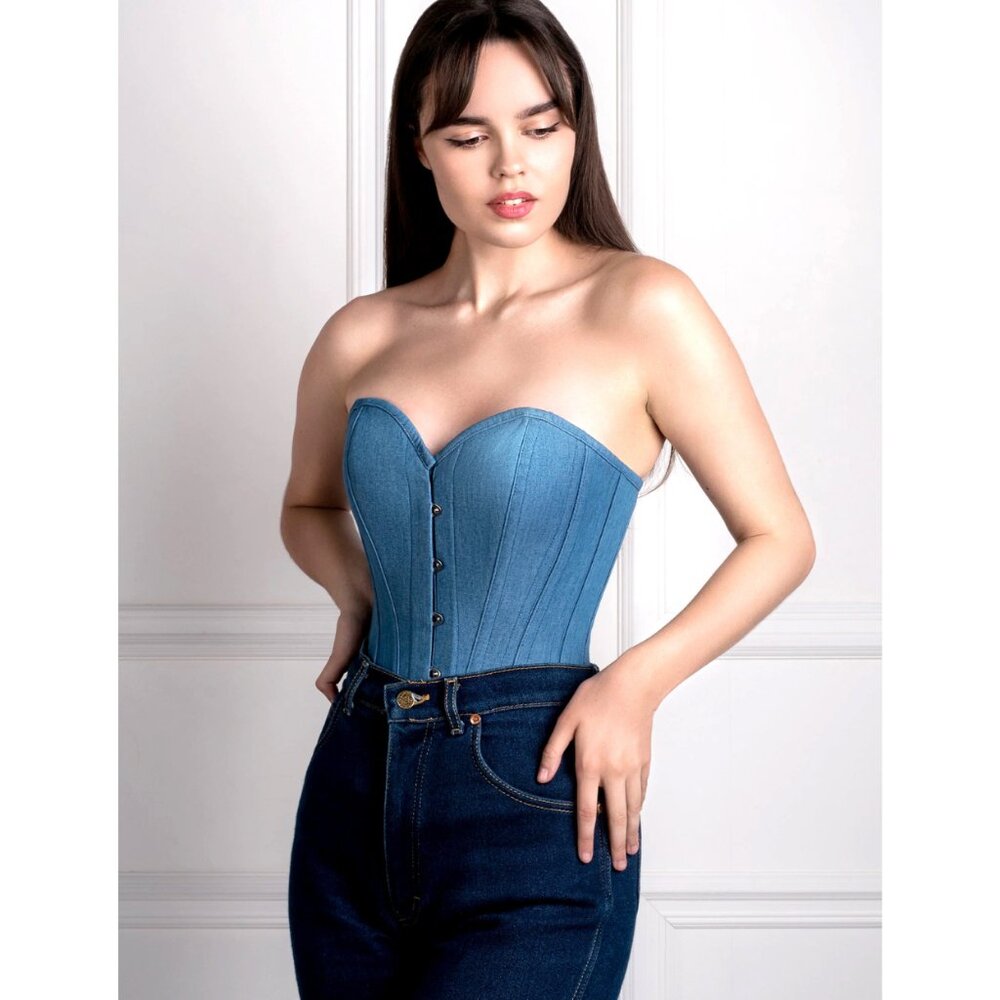 Steel Boned Waist Trainer Overbust Corset EU Denim UK 28" / US 10 NWT